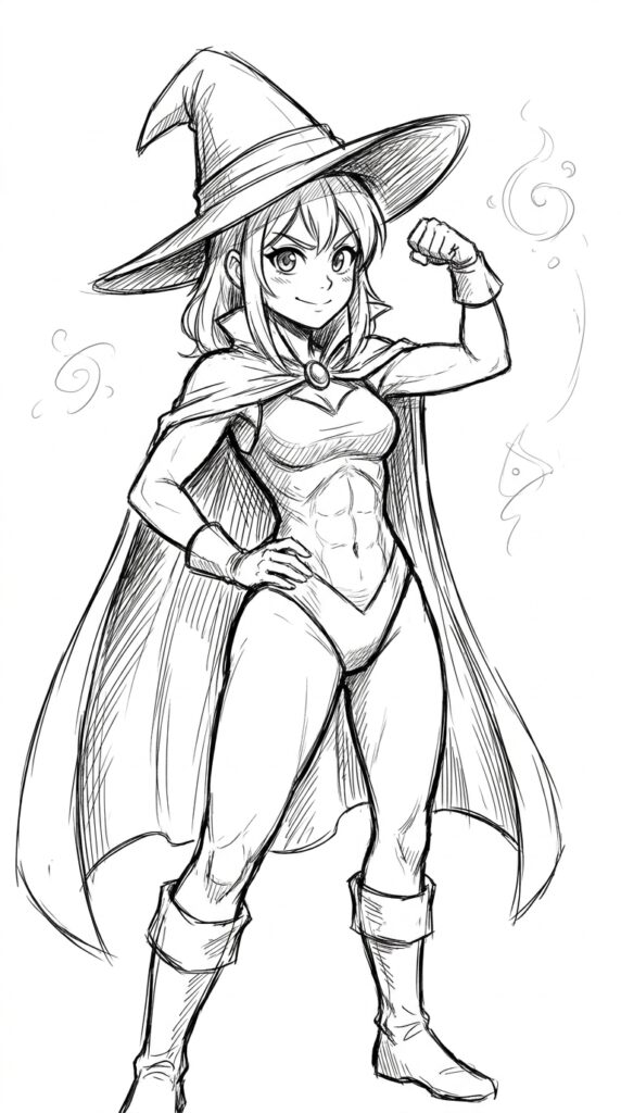 Sketch of confident muscular female witch flexing muscles in hat, cape and boots — fantasy character.