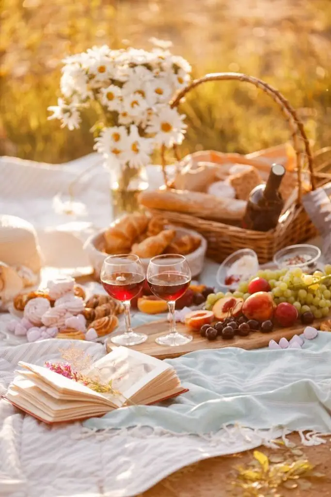 Sunny picnic setup with wine, fruits, pastries, and daisies, outdoors on a blanket with an open book.