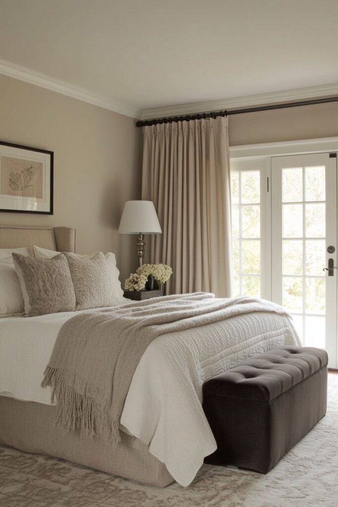 Elegant bedroom with beige tones, cozy bed, plush pillows, and French doors for natural light. Inviting and serene space.