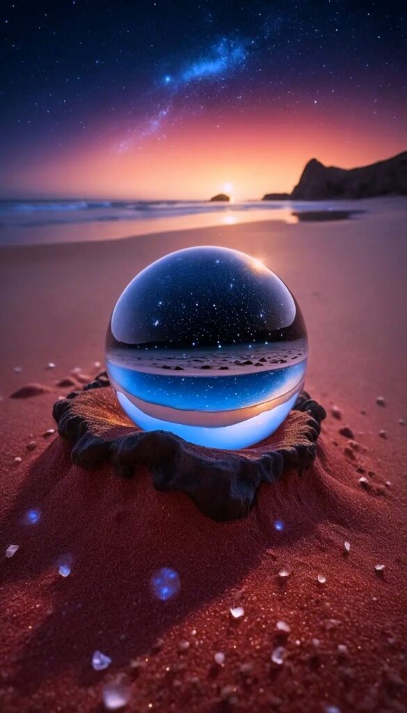 Crystal ball on sandy beach reflects starry sky and sunset, creating a magical and serene setting.