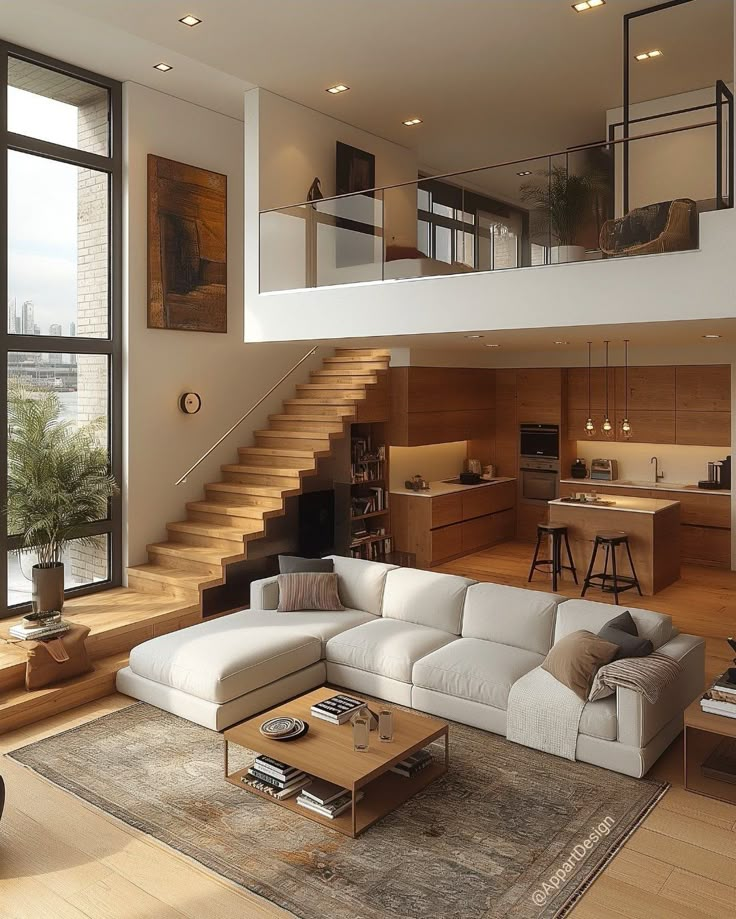 Modern loft with cozy seating, stylish kitchen, and wooden stairs, featuring large windows and chic decor.