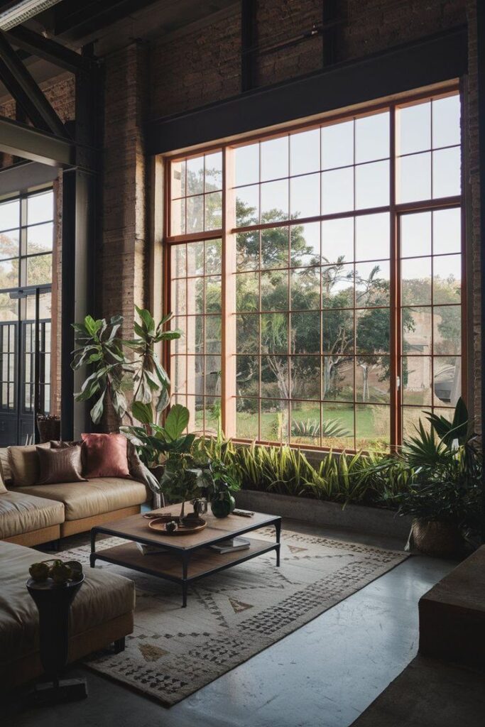 Loft living room with large windows, cozy sofa, plants, and modern decor. Bright natural light fills the space.