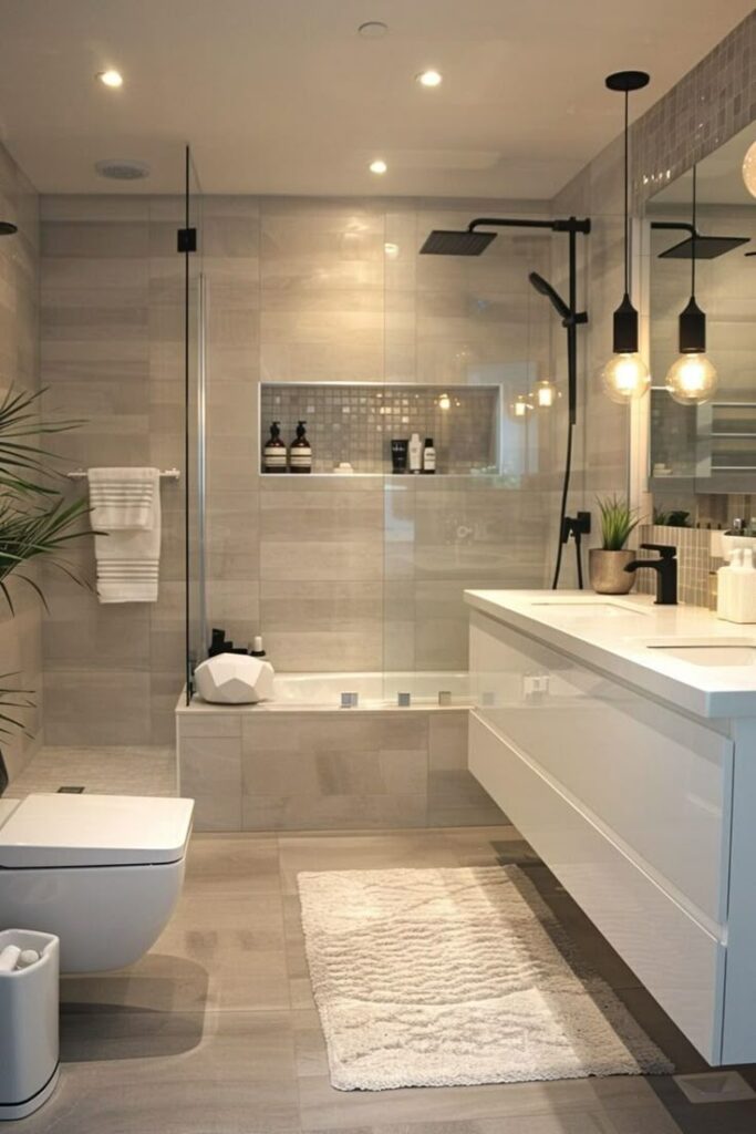 Modern bathroom design with glass shower, floating vanity, and soft lighting. Elegant and minimalist style.