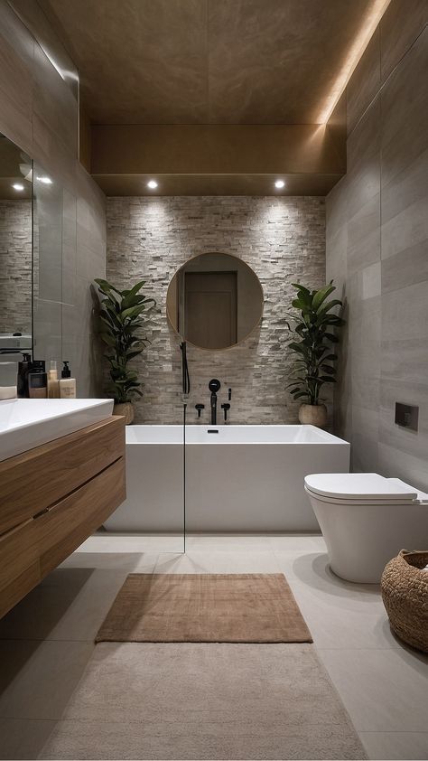 Modern bathroom with stone wall, round mirror, freestanding tub, wooden vanity, and ambient lighting.