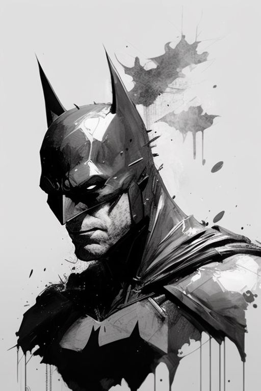 Illustration of a brooding superhero in black armor, featuring distinctive pointy ears and a cape, in grayscale art style.