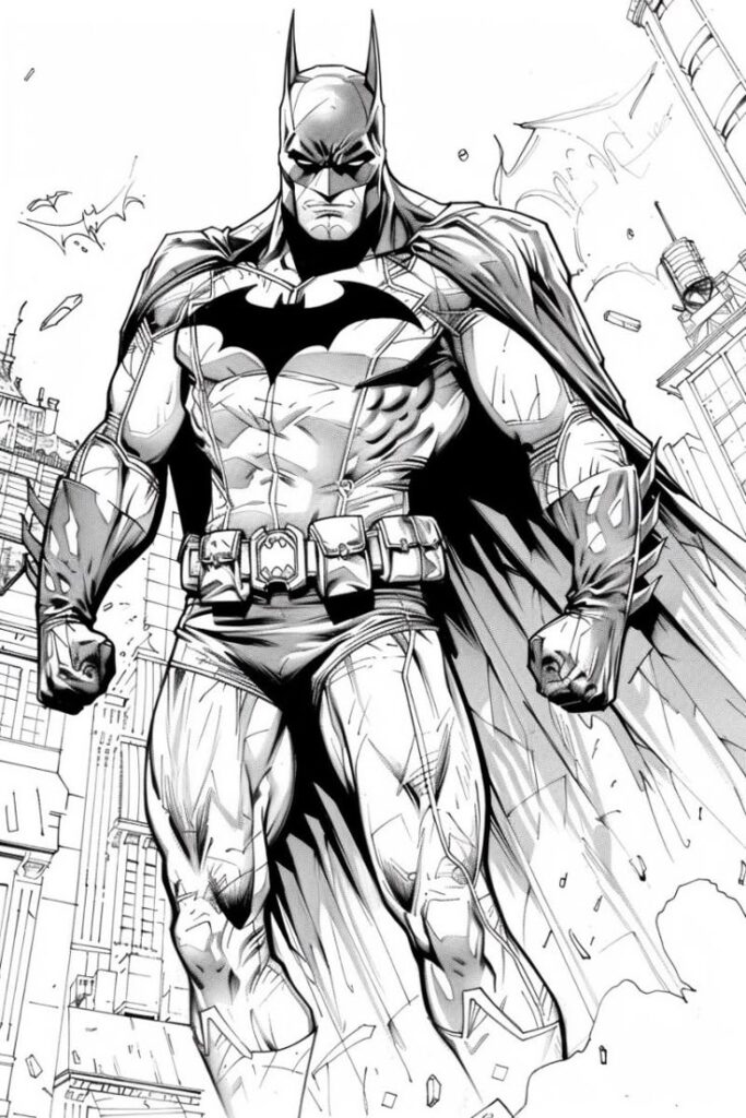 Comic book superhero in a powerful stance with cape, set against a cityscape background. Black and white illustration.