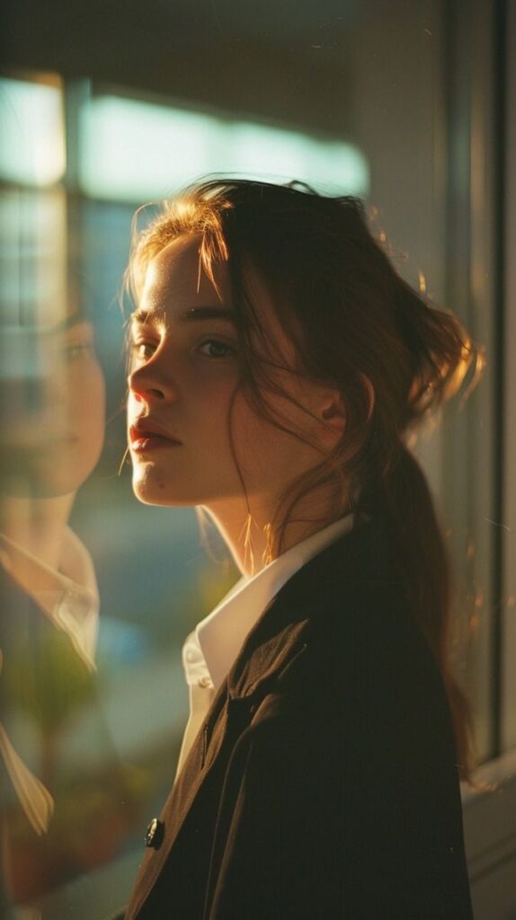 Woman in profile with reflection in glass, warm sunset lighting creating a serene and contemplative mood.