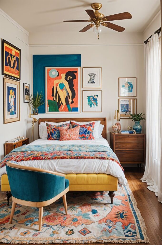 Colorful bedroom with vibrant art, cozy bed, teal chair, and vintage rug. Warm lighting enhances the modern decor.