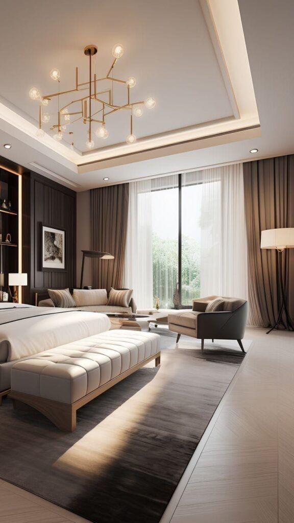 Luxurious modern living room with elegant chandelier, cozy seating, and large windows with curtains.