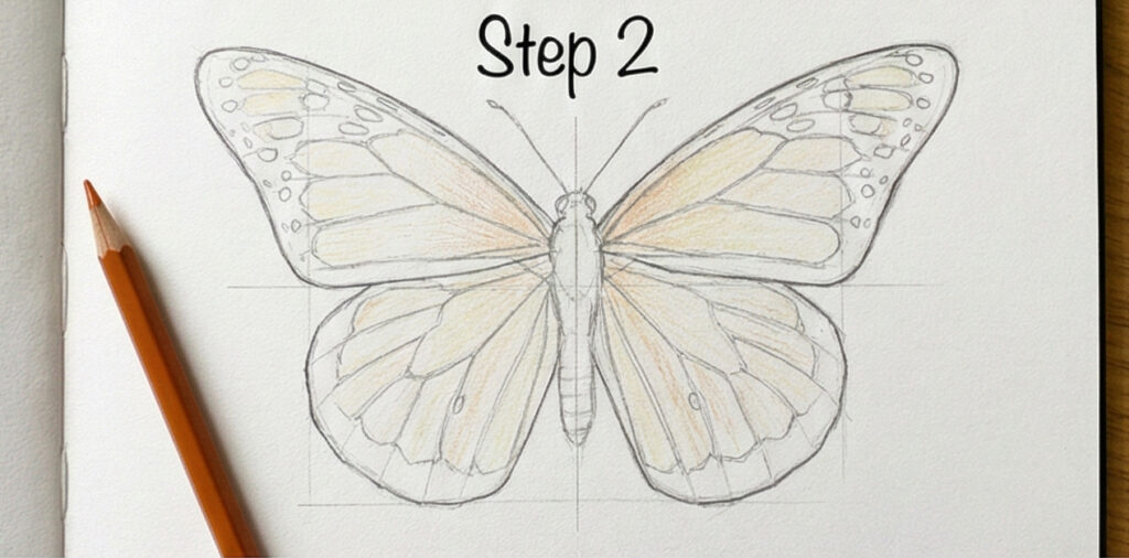 how-to-draw-butterfly-1-2 Step 2 butterfly drawing tutorial: pencil sketch of symmetrical butterfly with light orange shading and pencil | Sky Rye Design Step 2 butterfly drawing tutorial: pencil sketch of symmetrical butterfly with light orange shading and pencil