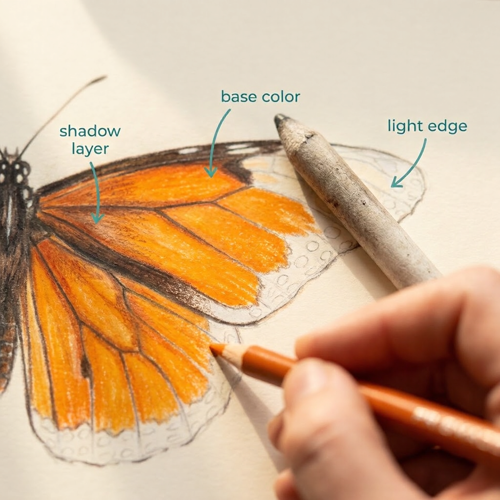 unnamed - 2026-02-20T161617607 Hand coloring orange butterfly wing with colored pencil and blending stump; labels point to base color, shadow, light edge. | Sky Rye Design Hand coloring orange butterfly wing with colored pencil and blending stump; labels point to base color, shadow, light edge.