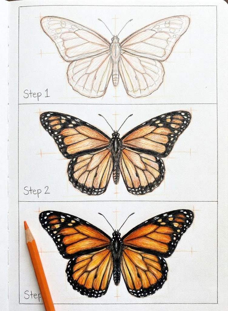 unnamed - 2026-02-21T025211295 Monarch butterfly colored-pencil drawing tutorial: step-by-step sketch, mid shading, and final vibrant orange monarch. | Sky Rye Design Monarch butterfly colored-pencil drawing tutorial: step-by-step sketch, mid shading, and final vibrant orange monarch.