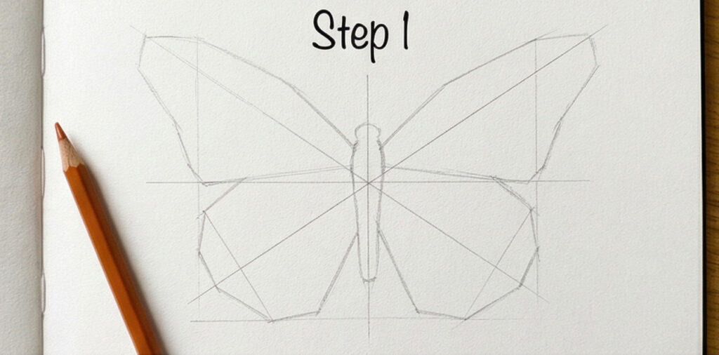 how-to-draw-butterfly-1-1 Step 1 how to draw butterfly pencil sketch with construction grid lines and orange pencil | Sky Rye Design Step 1 how to draw butterfly pencil sketch with construction grid lines and orange pencil