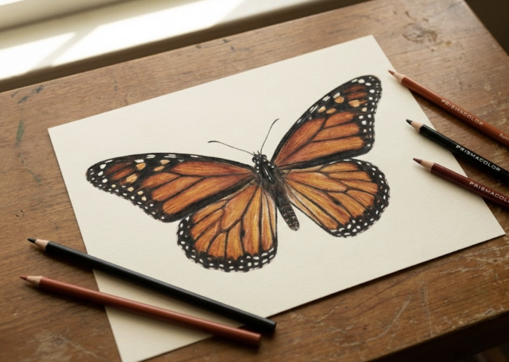 Screenshot 2026-02-20 at 160330 Monarch butterfly colored-pencil drawing on textured paper with Prismacolor pencils on wooden table | Sky Rye Design Monarch butterfly colored-pencil drawing on textured paper with Prismacolor pencils on wooden table