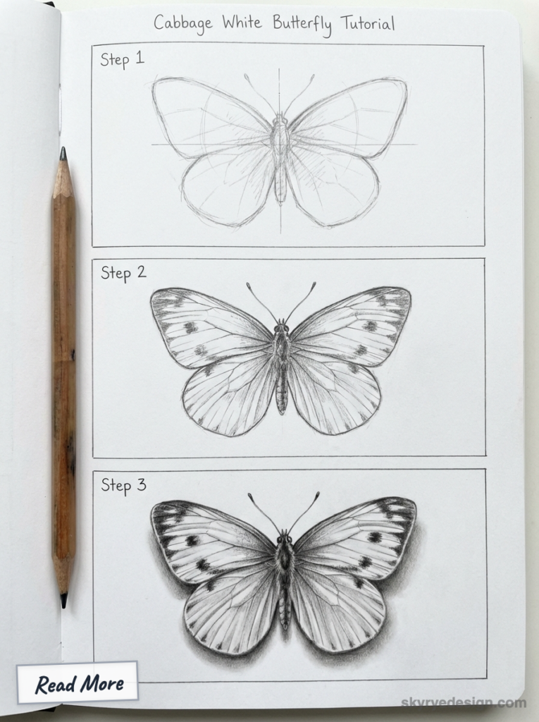 sketch-tutorial - 2026-02-21T030000280 Step-by-step pencil tutorial showing three stages of a cabbage white butterfly sketch in a sketchbook with pencil | Sky Rye Design Step-by-step pencil tutorial showing three stages of a cabbage white butterfly sketch in a sketchbook with pencil