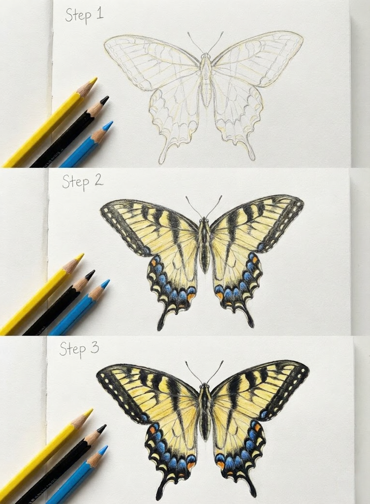 unnamed - 2026-02-21T030100860 Step-by-step colored pencil drawing of a yellow swallowtail butterfly, three stages from sketch to finished illustration | Sky Rye Design Step-by-step colored pencil drawing of a yellow swallowtail butterfly, three stages from sketch to finished illustration