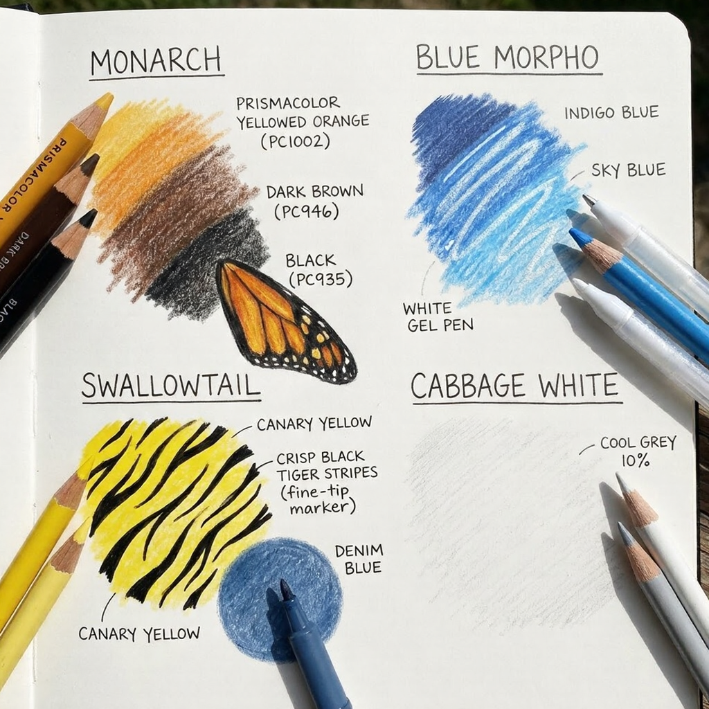 unnamed - 2026-02-21T030738503 Sketchbook page of colored-pencil swatches and butterfly wing studies labeled Monarch, Blue Morpho, Swallowtail, Cabbage White | Sky Rye Design Sketchbook page of colored-pencil swatches and butterfly wing studies labeled Monarch, Blue Morpho, Swallowtail, Cabbage White