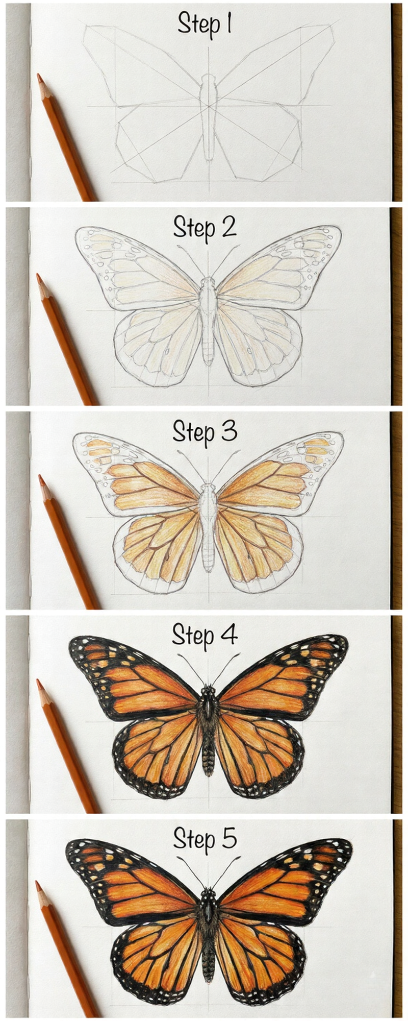 gv1qc 1 Step-by-step monarch butterfly drawing tutorial: pencil sketch to finished colored-pencil illustration | Sky Rye Design Step-by-step monarch butterfly drawing tutorial: pencil sketch to finished colored-pencil illustration