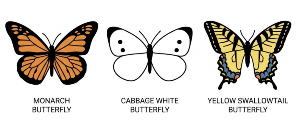 Screenshot 2026-02-20 at 165009 Butterfly species identification: illustrations of orange Monarch, white Cabbage White, and yellow Swallowtail. | Sky Rye Design Butterfly species identification: illustrations of orange Monarch, white Cabbage White, and yellow Swallowtail.