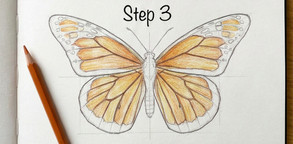 how-to-draw-butterfly-1-3 Step 3: monarch butterfly colored-pencil sketch with orange pencil on paper | Sky Rye Design Step 3: monarch butterfly colored-pencil sketch with orange pencil on paper