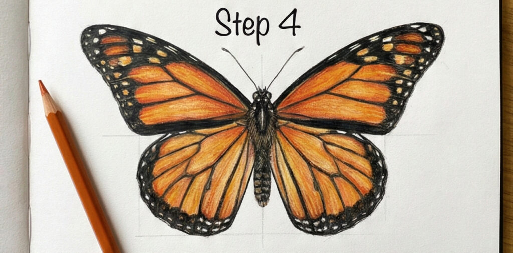 how-to-draw-butterfly-1-4 Step 4 monarch butterfly colored-pencil drawing tutorial showing orange-and-black wings and an orange pencil on paper | Sky Rye Design Step 4 monarch butterfly colored-pencil drawing tutorial showing orange-and-black wings and an orange pencil on paper