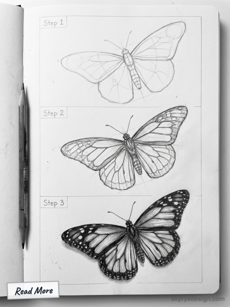 sketch-tutorial - 2026-02-20T173139509 butterfly pencil drawing tutorial: three-step sketch from outline to detailed shaded realism in a sketchbook | Sky Rye Design butterfly pencil drawing tutorial: three-step sketch from outline to detailed shaded realism in a sketchbook