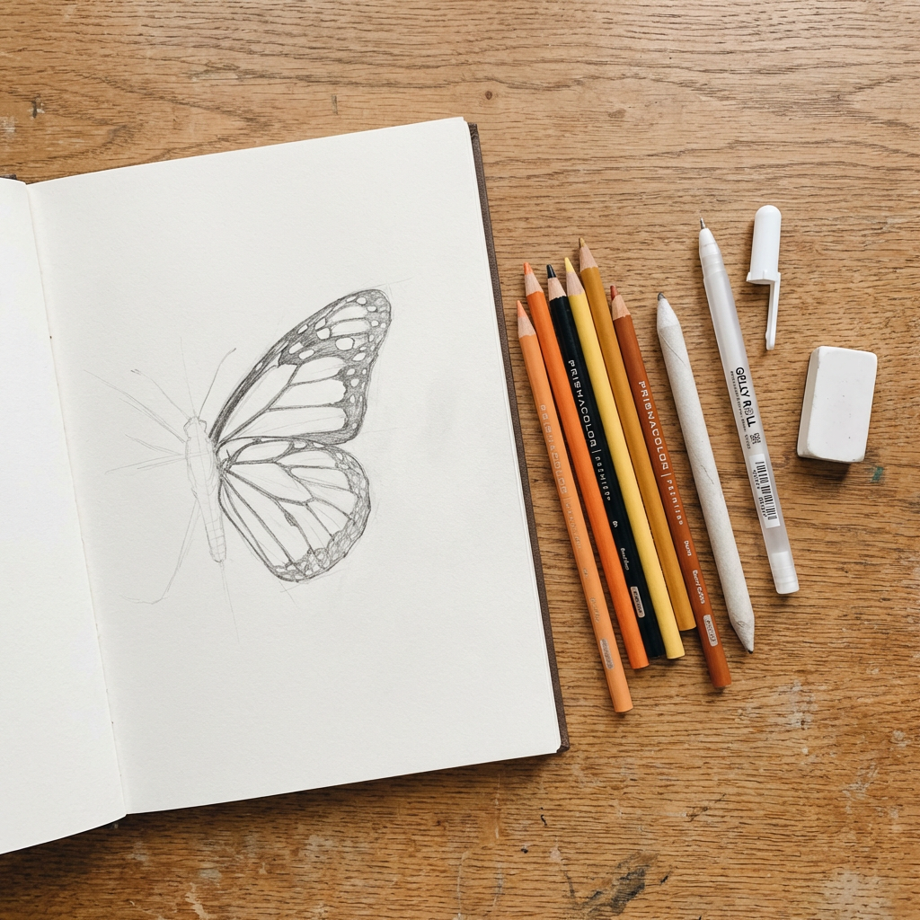 1_gemini Butterfly pencil sketch in open sketchbook with colored pencils, blending stump, white pen and eraser on wooden desk | Sky Rye Design Butterfly pencil sketch in open sketchbook with colored pencils, blending stump, white pen and eraser on wooden desk