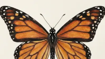 Monarch butterfly illustration, close-up of orange and black wings with white spots on light background