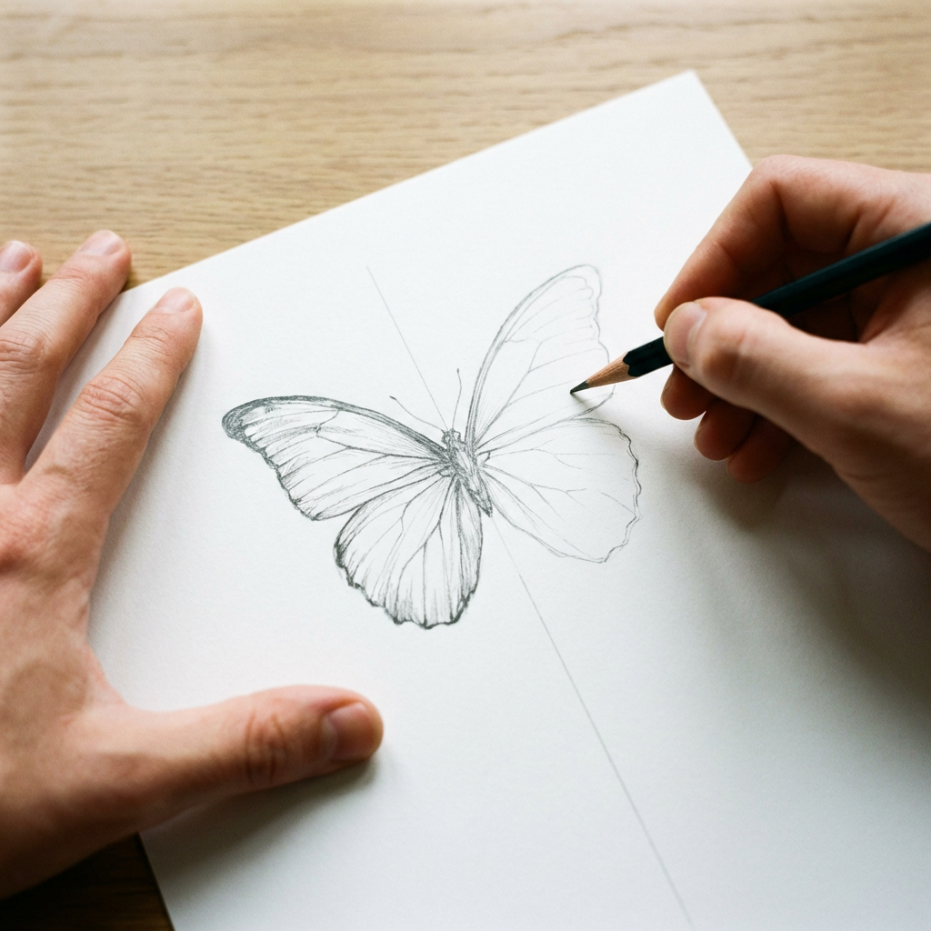 3_gemini Hand sketching a symmetrical pencil butterfly on white paper, close-up of artist drawing wings with graphite pencil | Sky Rye Design Hand sketching a symmetrical pencil butterfly on white paper, close-up of artist drawing wings with graphite pencil