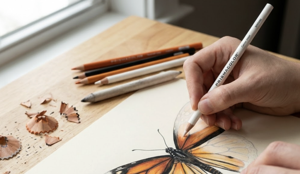 Screenshot 2026-02-21 at 024728 Hand drawing a monarch butterfly with Prismacolor colored pencil on paper, pencils and shavings on a wooden desk | Sky Rye Design Hand drawing a monarch butterfly with Prismacolor colored pencil on paper, pencils and shavings on a wooden desk