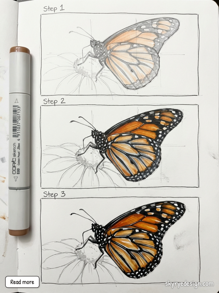 copic-tutorial-1771635003084 Monarch butterfly drawing tutorial: step-by-step sketch in three stages with Copic marker on paper | Sky Rye Design Monarch butterfly drawing tutorial: step-by-step sketch in three stages with Copic marker on paper