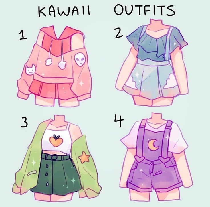 Four kawaii outfits illustration: a pink hoodie, blue cloud dress, green peach outfit, and purple moon overalls.