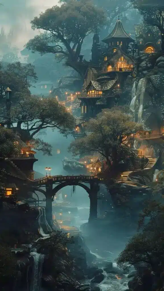 c697c38d-25cc-4f66-8b52-bf155bc9ea98 Mystical village with illuminated houses nestled in forested mountains, bridges and waterfalls in a fantasy landscape. | Sky Rye Design Mystical village with illuminated houses nestled in forested mountains, bridges and waterfalls in a fantasy landscape.