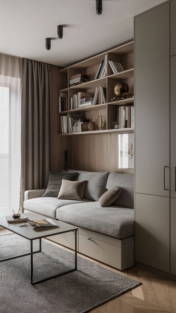 Modern living room with gray sofa, bookshelves, and natural light, creating a cozy, minimalist atmosphere.