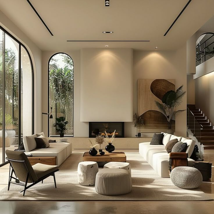 Modern living room with beige sofas, large windows, elegant decor, and natural light. Cozy and stylish interior design.