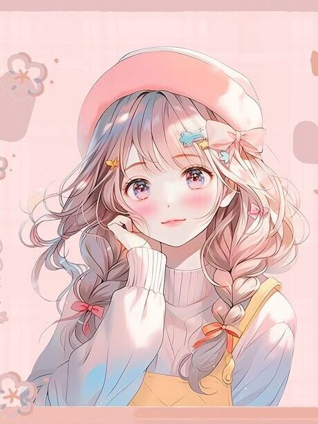 Anime girl with pink beret and braids, surrounded by hearts and flowers on a pastel plaid background. Beautiful Yearning.