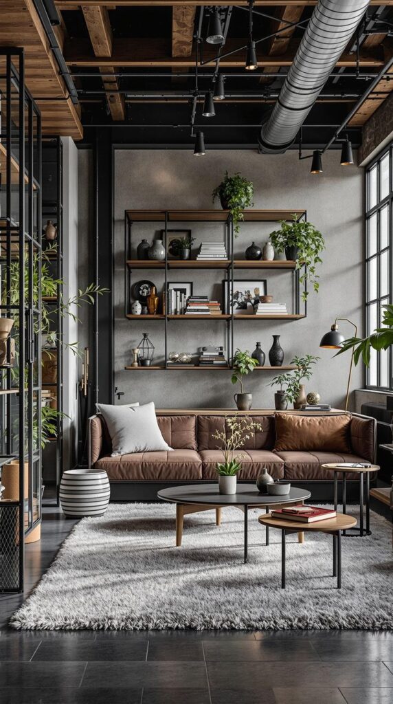 Stylish industrial living room with brown leather sofa, plants, modern decor, and open shelving.