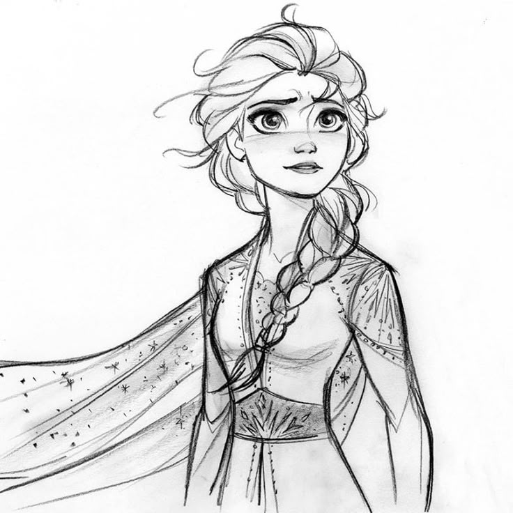 Hand-drawn sketch of a smiling female character with braided hair and detailed outfit.