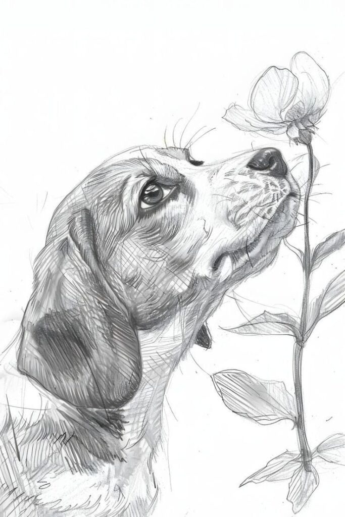 Sketch of a dog sniffing a flower, showcasing artistic detail and expressive canine features.