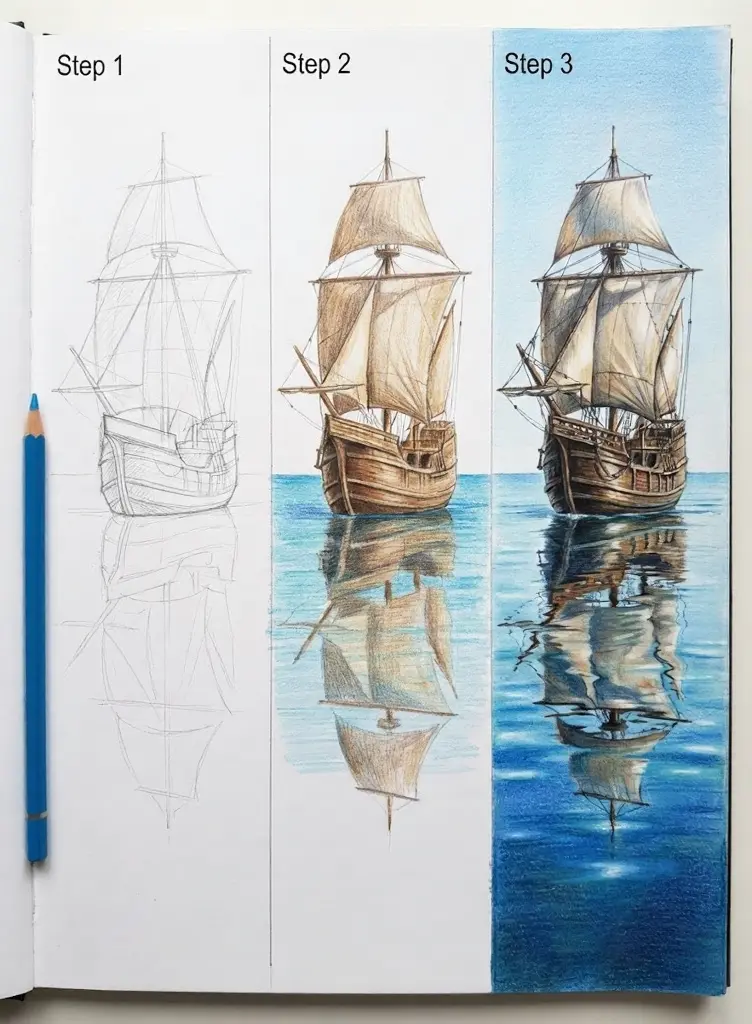 Three-step colored pencil tutorial showing a wooden sailing ship from pencil sketch to finished color with realistic water reflection.