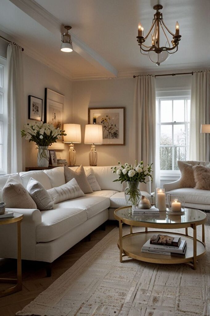 Elegant living room with white sofa, flowers, cozy lighting, and a glass coffee table creating a warm, inviting ambiance.