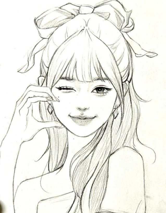 Sketch of a smiling girl with long hair and a bow, winking playfully.