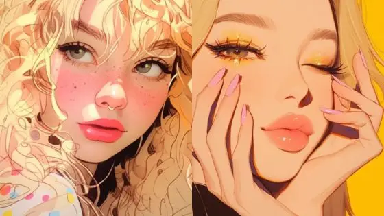 character design aesthetics Artistic illustrations of two stylized women with vibrant facial features and playful expressions. | Sky Rye Design Artistic illustrations of two stylized women with vibrant facial features and playful expressions.