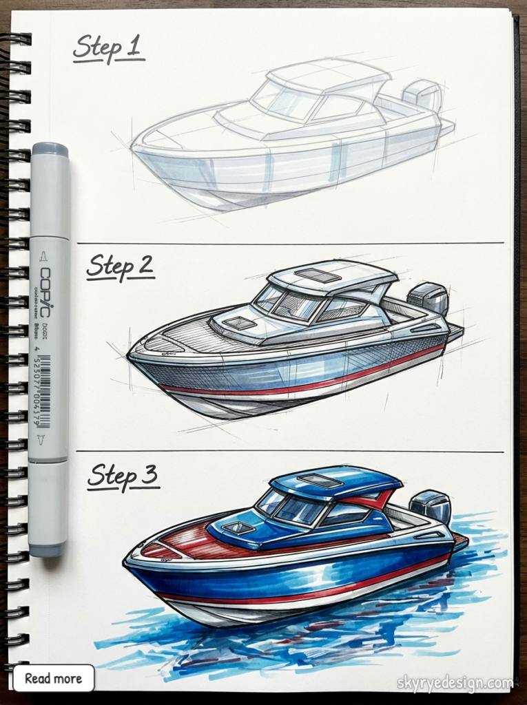 Sketchbook showing step-by-step boat design: pencil concept, inked detail, and full-color blue motorboat rendered with markers