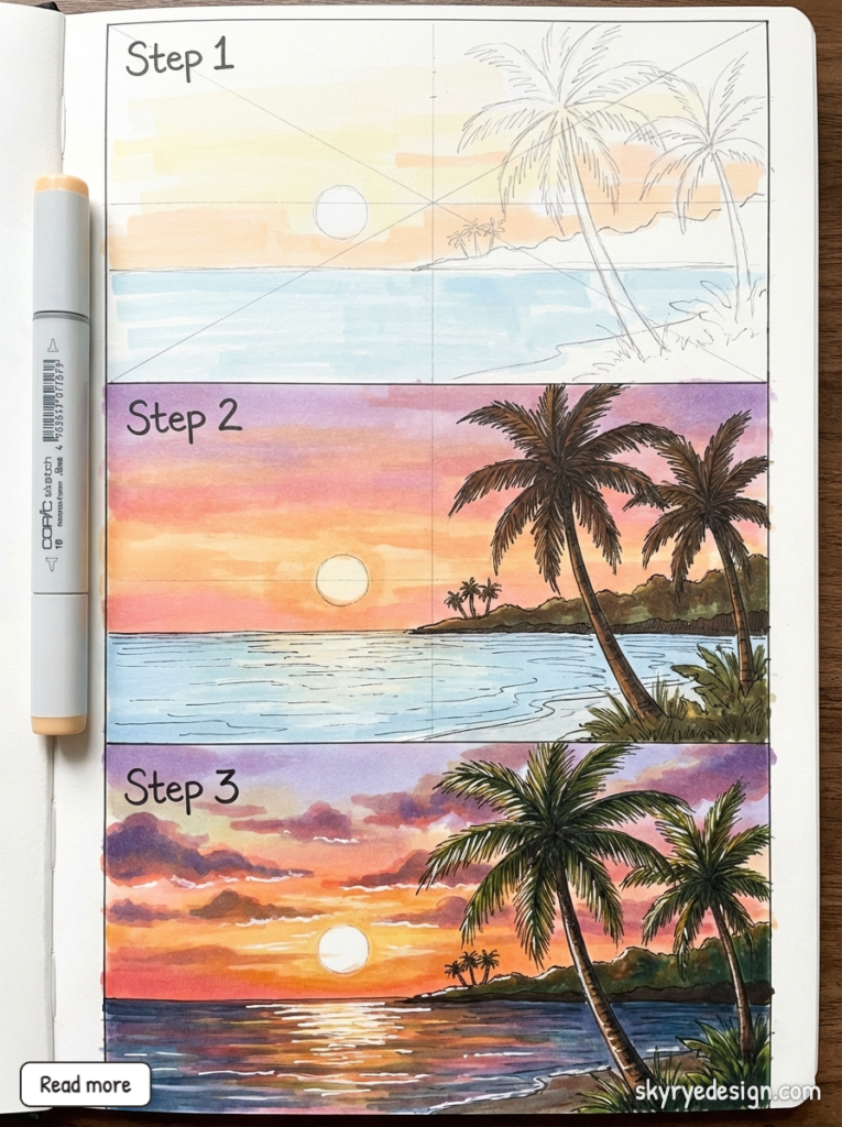Sketchbook tutorial showing three-step sunset beach illustration: pencil grid to colored sunset with palm trees, ocean, and reflective water.