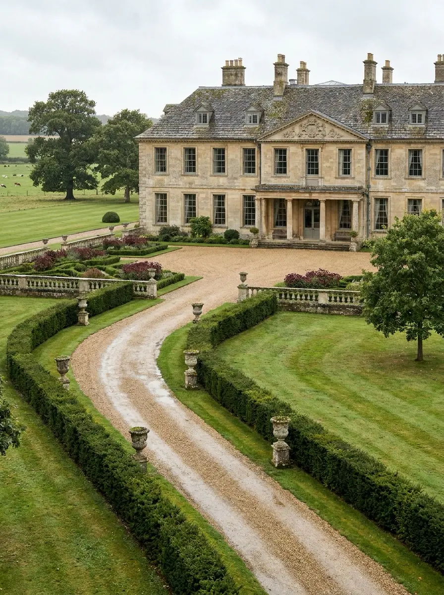 Aristocratic_British_countryside_202607141927 Grand English country manor with curved gravel driveway, formal hedged gardens and stone urns. | Sky Rye Design Grand English country manor with curved gravel driveway, formal hedged gardens and stone urns.