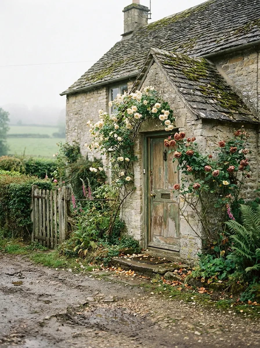 English_stone_cottage_countryside_202607141914 Quaint English stone cottage entrance with weathered wooden door, climbing roses and muddy country lane | Sky Rye Design Quaint English stone cottage entrance with weathered wooden door, climbing roses and muddy country lane