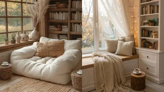 cozy reading nook setup Cozy reading nooks with plush cushions, rustic decor, and natural light from large windows; perfect for relaxation. | Sky Rye Design Cozy reading nooks with plush cushions, rustic decor, and natural light from large windows; perfect for relaxation.
