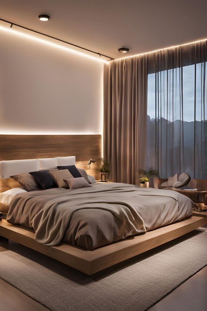 Modern bedroom with cozy lighting, wooden bed frame, and floor-to-ceiling curtains for a serene ambiance.