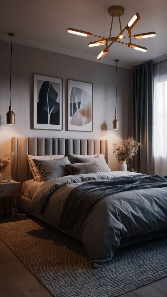 Modern bedroom with gray bedding, stylish pendant lights, and abstract wall art. Cozy and elegant interior design.